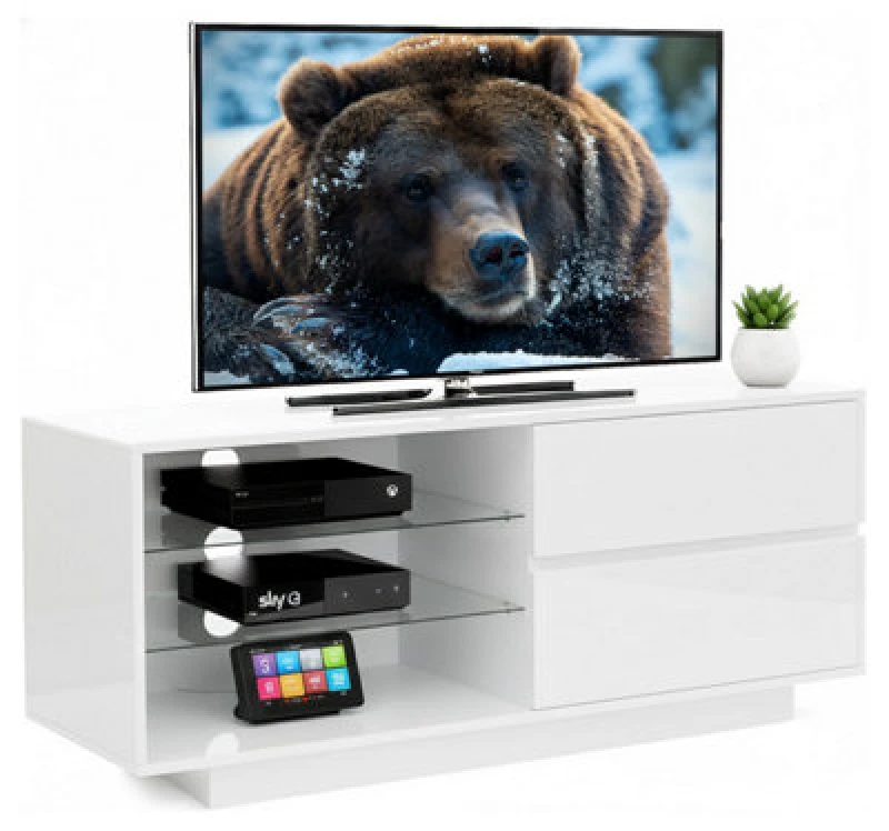 Image of CENTURION SUPPORTS Centurion Supports - Gallus Gloss White 2-White Drawers 3-Shelf tv Stand Gallus White White