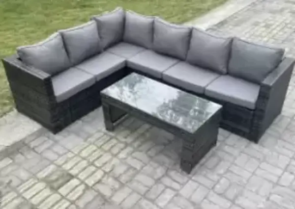 Image of Fimous 6 Seater Outdoor Dark Grey Rattan Lounge Complete Sofa Set Left Side with Rectangular Coffee Table