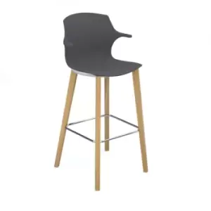 Image of Roscoe high stool with natural oak legs and plastic shell with arms - charcoal grey