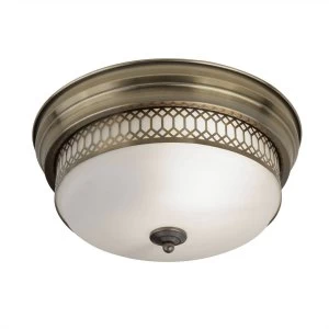 Image of 2 Light Bathroom Flush Ceiling Antique Brass, White IP44, E27