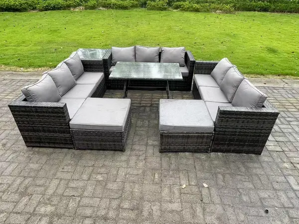 Image of Fimous 9 Seater Outdoor Dark Grey Rattan Lounge Complete Sofa Set with Dining Table and 2 Footstools
