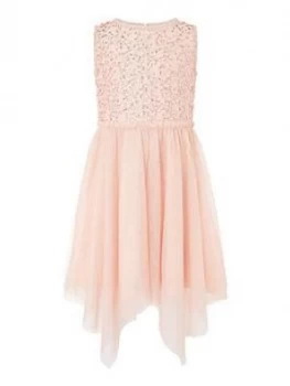 Image of Monsoon Girls Sequin Frill Hanky Hem Dress - Peach, Size 9 Years, Women