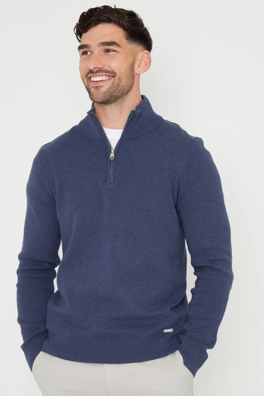 Image of Threadbare Threadbare Men 'Hazelbank' Cotton Blend Knitted Quarter Zip Jumper in Blue Size: X-Large Blue XL Male 7625915010673