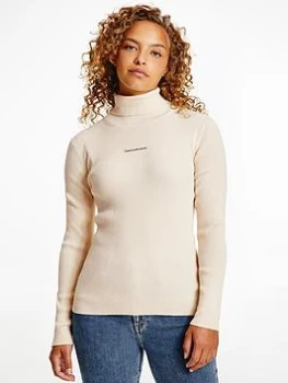 Image of Calvin Klein Jeans Cashmere Wool Mix Roll Neck Jumper - Cream, Size S, Women
