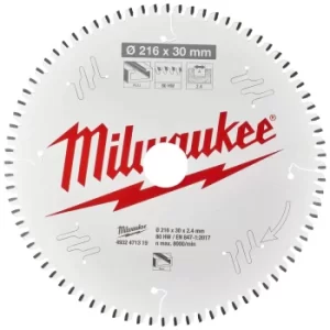 Image of Milwaukee Aluminium Cutting Circular Mitre Saw Blade 216mm 80T 30mm