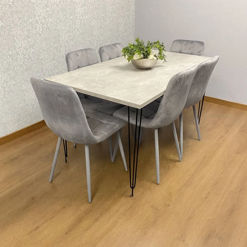 Image of Kosy Koala Dining Table With 6 Chairs Modern Grey Dining Table Set With 6 Grey Velvet Chairs Dining Room Furniture