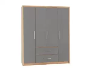 Image of Seconique Seville Grey High Gloss and Oak 4 Door 2 Drawer Wardrobe