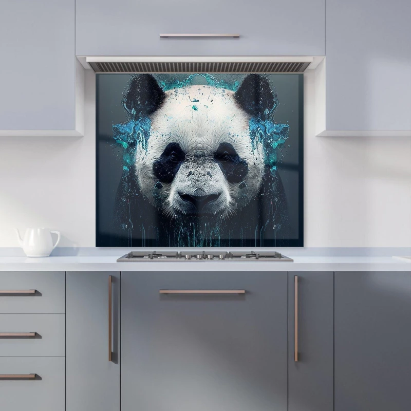 Image of Warren Reed - Designer Panda Face Splashart Dark Background Kitchen Splashback in Blue Size: 600mm x 600mm Blue Unisex 600mm x 600mm
