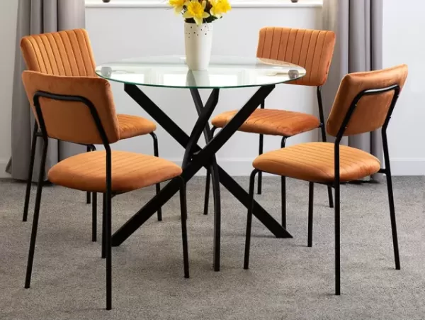 Image of Seconique Sheldon Glass and Black Dining Table and 4 Orange Velvet Chairs