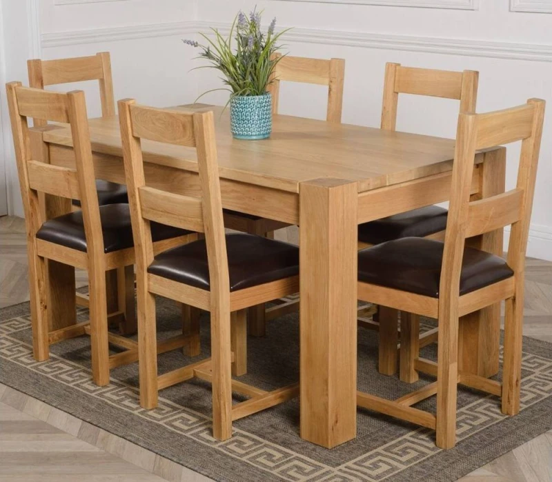Image of Thats Furniture Kuba 150 x 85cm Chunky Medium Oak Dining Table & 6 Lincoln Chairs in Brown Brown Unisex 150 x 85 cm