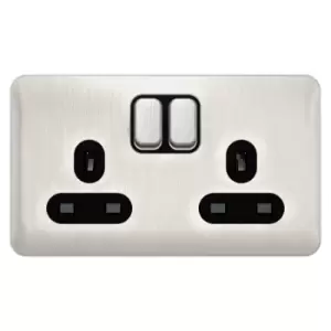 Image of Schneider Electric Lisse Screwless Deco - Switched Double Power Socket, Double Pole, 13A, GGBL3020DBSS, Stainless Steel with Black Insert