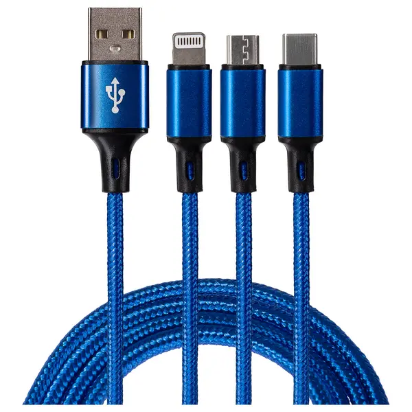 Image of Maplin Maplin 3-in-1 USB-A to USB-C / Lightning / Micro USB Braided Charging Cable - 1.2m (Blue) 266PAM