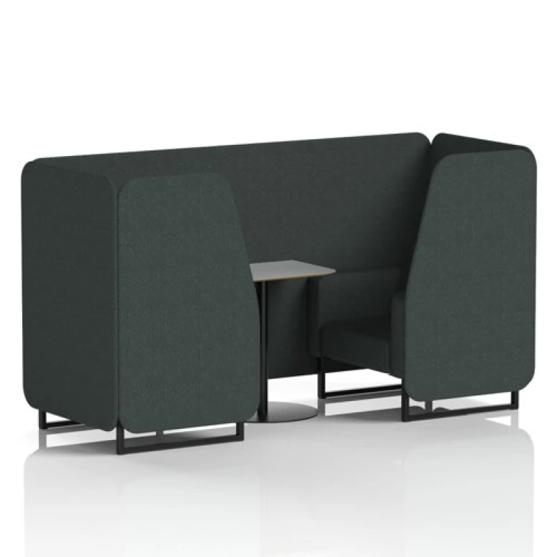 Image of Brixworth 2 Seater Office Booth with Front Panel - Black Legs and Grey Table with Black Leg in Rivet Fabric - Charcoal Panels and Sofa