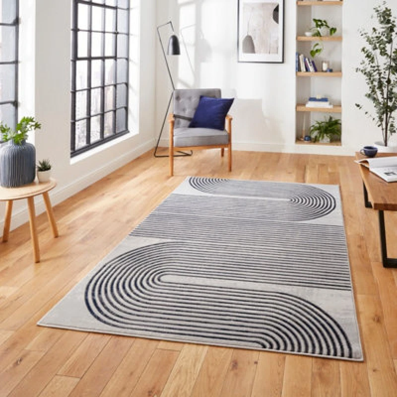 Image of Apollo Swirl Washable Rug Navy (Blue)