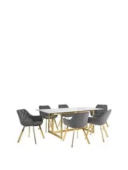 Image of Julian Bowen Minori 200 Cm Glass Top Dining Table + 6 Lorenzo Chairs - Grey/Gold