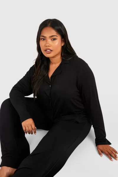 Image of Plus Peached Jersey Long Sleeve Button Pj Shirt