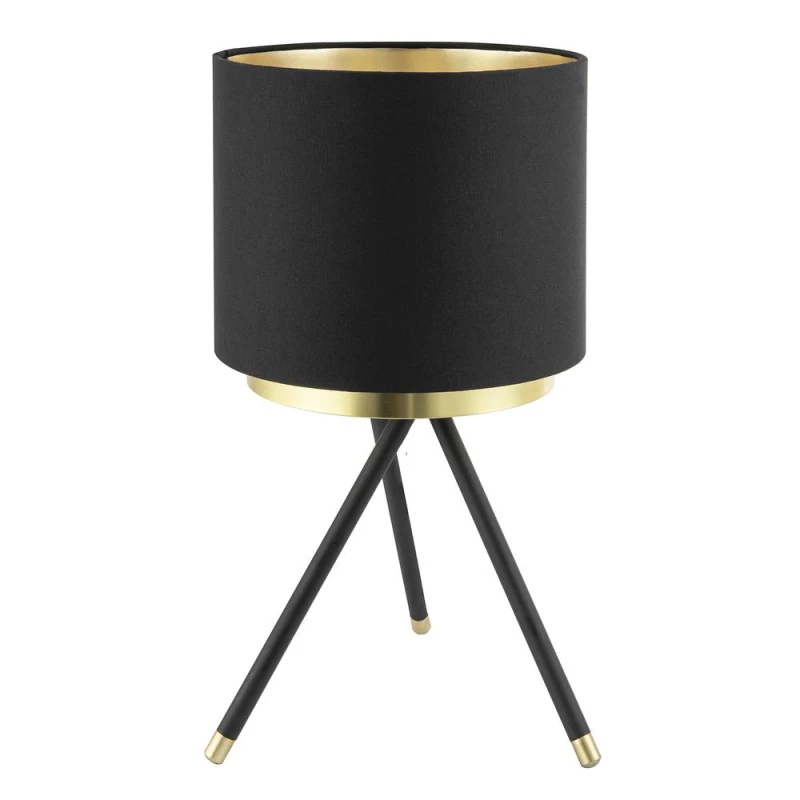 Image of Happy Homewares Black Tripod Table Lamp with Gold Metal Ring & Cotton Drum Shade Black Unisex