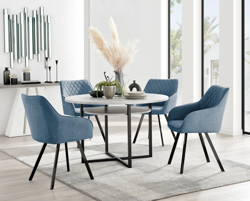 Image of FurnitureboxUK FurnitureboxUK Adley Grey Concrete Effect Round Dining Table & 4 Falun Black Leg Fabric Chairs in Blue Blue One Size Unisex 50565426846