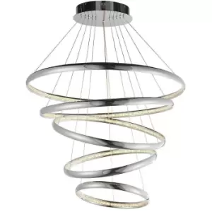 Image of LED Ceiling Pendant Light 97W Warm White Chrome & Crystal 5 Ring/Hoop Strip Lamp