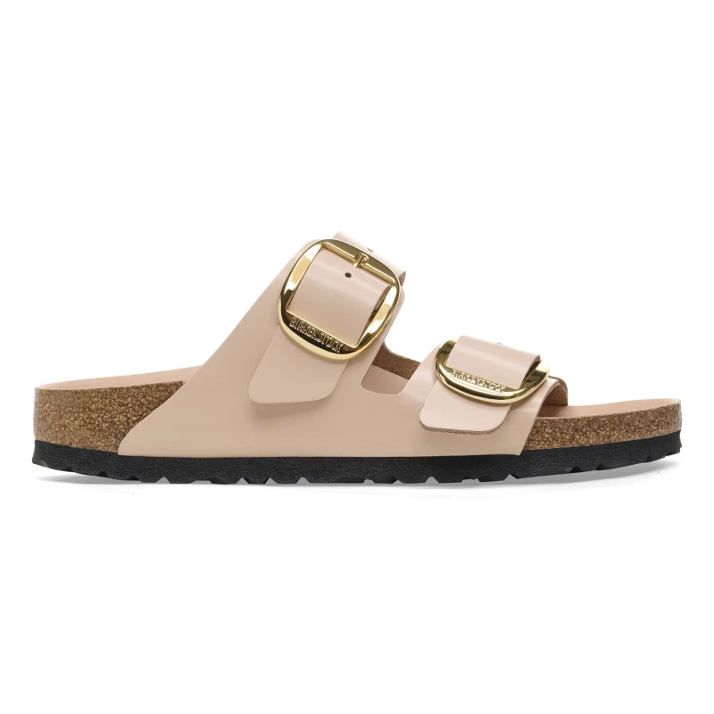 Image of Birkenstock Womens mules Birkenstock Arizona Big Buckle Natural Leather Patent Beige Female 36 Etroit