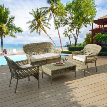 Image of 4 Seater Outdoor Garden Furniture, Rattan Wicker Stackable Table, Loveseat & Chairs Patio Conversational Set with Cushions, Brown/Cream - Beige