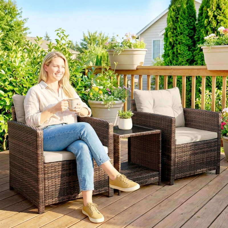 Image of OUTSUNNY Rattan Garden Furniture Bistro Set with Cushion in Dark Brown Dark Brown Unisex