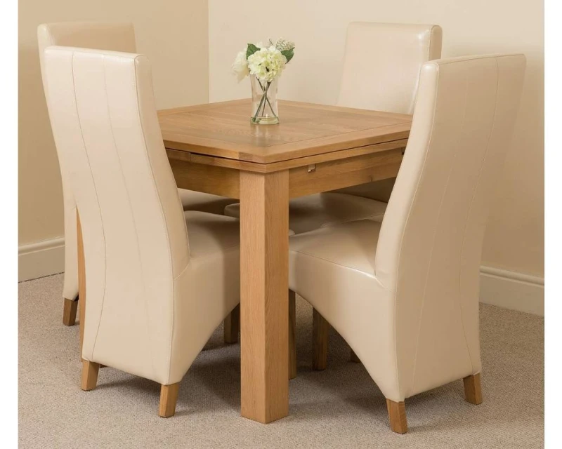Image of Thats Furniture Richmond 90-150cm Square Oak Extending Dining Table + 4 Lola Leather Chairs in Cream Cream Unisex