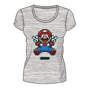 Image of Nintendo - Pixelated Jumping Mario Womens Large T-Shirt - Grey