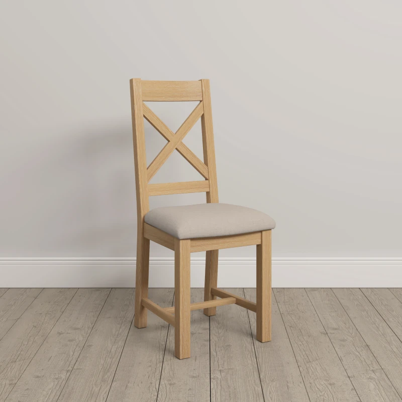 Image of Seconique Windsor Pair Chairs Real Natural Oak With Oat Fabric Seat Box Of 2 Fully Assembled