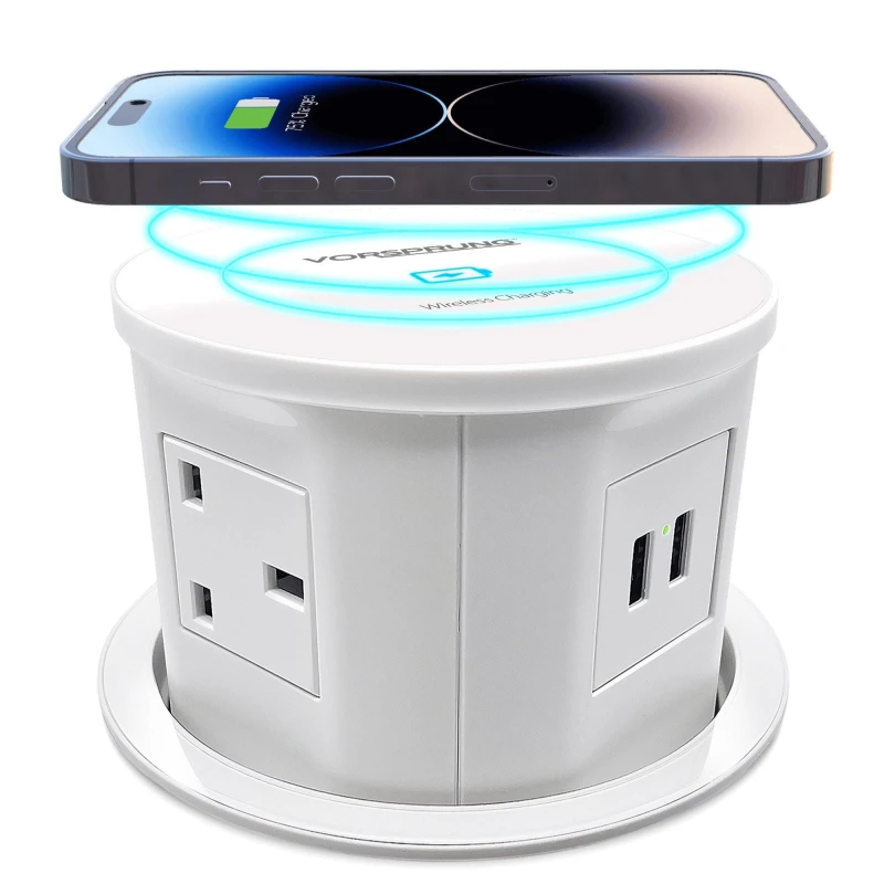 Image of Vorsprung Vorsprung Retractable Pop Up Sockets - 4x UK Plug + 2x USB + Wireless Charging Pad White