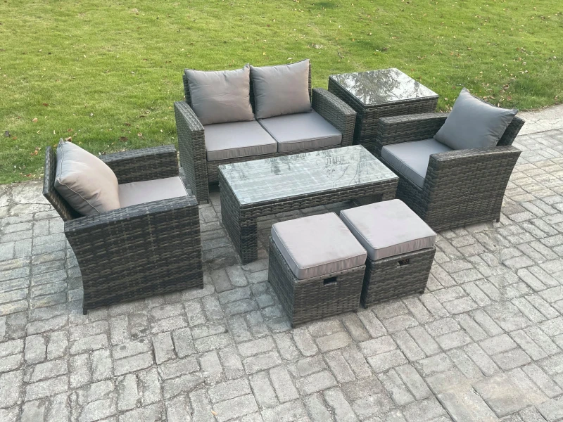 Image of Fimous 6 Seater Outdoor Rattan Garden Furniture Set Patio Lounge Sofa Set with Coffee Table Side Table 2 Small Footstools in Dark Grey Dark Grey Unise