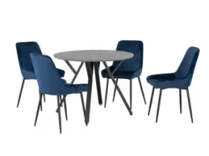 Image of Seconique Athens Concrete Effect Round Dining Table with 4 Avery Blue Velvet Chairs