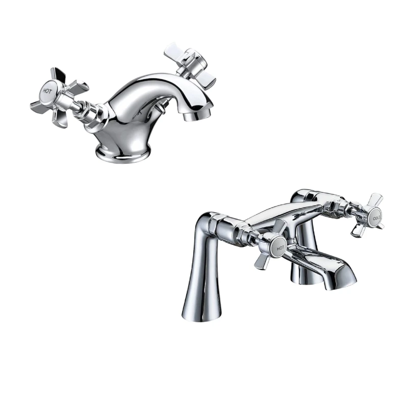 Image of Balterley Classic Crosshead Mono Basin Mixer Tap & Bath Filler Tap Set Chrome in Silver Silver Unisex