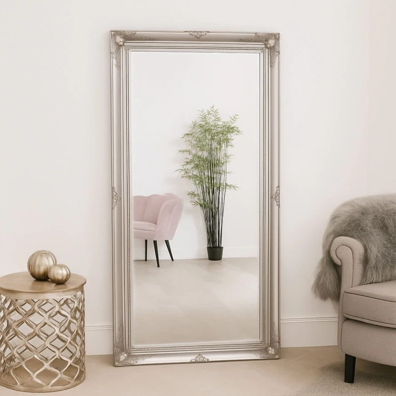 Image of Melody Maison Large Ornate Silver Wall/Floor Mirror 158cm X 78cm White