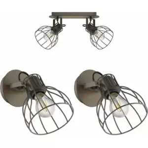 Image of Twin Ceiling Spot Light & 2x Matching Wall Lights Black Industrial Wire Shade
