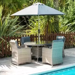 Image of Katie Blake Milan 4 Armchair Dining set with 2.5m Round Parasol and 15kg Base - Grey