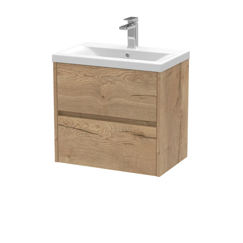 Image of Balterley Square Wall Hung 2 Drawer Vanity Unit & Basin, 600mm Autumn Oak Brown