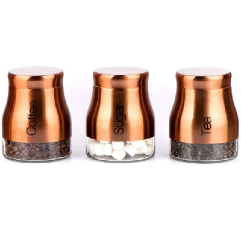 Image of Gr8 Home Set Of 3 Copper Storage Canisters Tea Coffee Sugar Jars Pots Food Containers