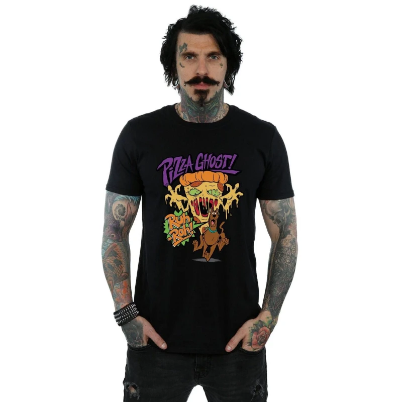Image of Scooby Doo Scooby Doo Men Pizza Ghost Cotton T-Shirt in Black Size: Small Black S Male 5063377542134