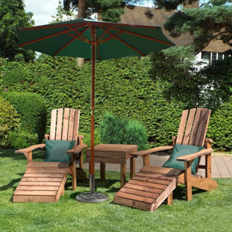 Image of Charles Taylor Trading Charles Taylor Wooden Adirondack 2 X Chair Seat Table & Green Parasol & Cushions