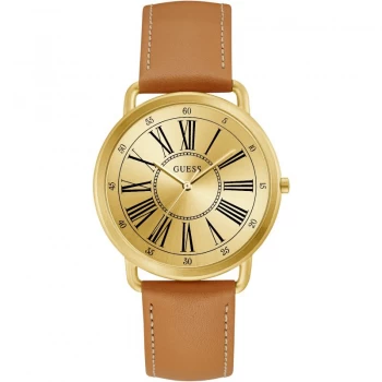 Image of GUESS Ladies gold watch with smooth tan leather strap