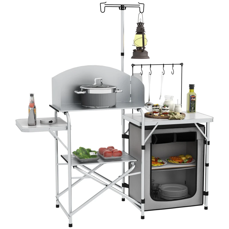 Image of Outsunny Folding Camping Kitchen with Windshield Portable Camping Cupboard for BBQ Silver Silver