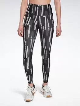 Image of Reebok Myt Allover Print Leggings, Black, Size S, Women