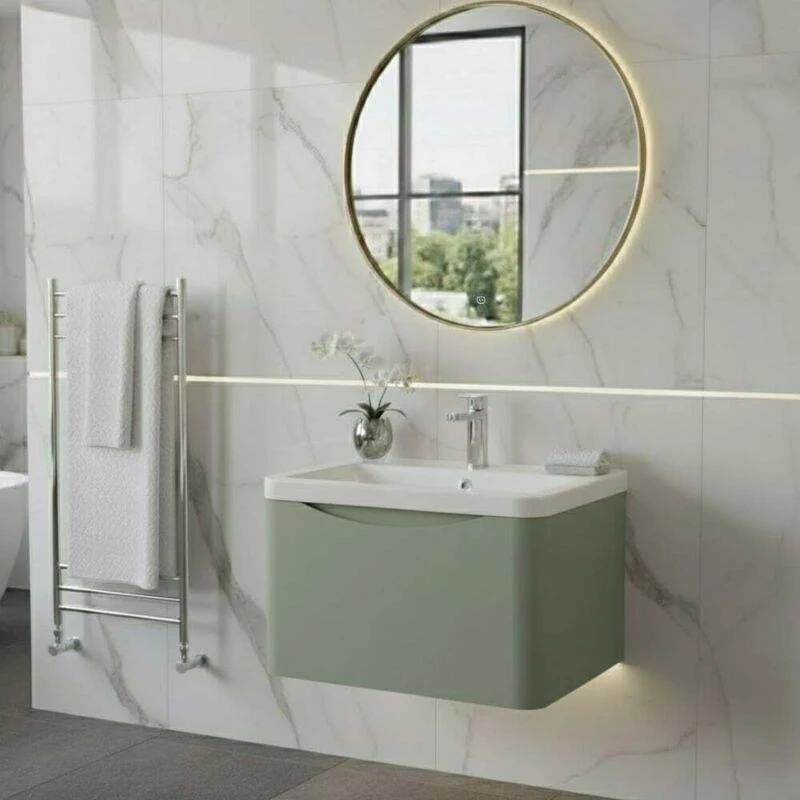 Image of Lunar Wall Mounted 1 Drawer Vanity Unit with Polymarble Basin Satin Green