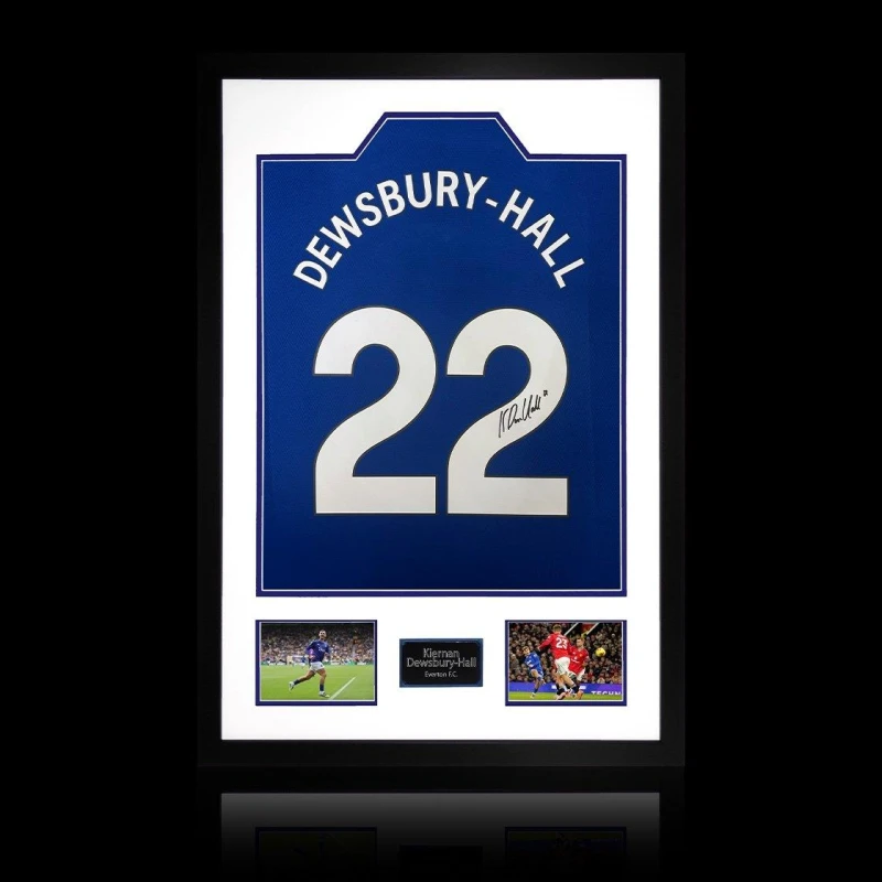 Image of The Fan Cave Kiernan Dewsbury-Hall Signed Everton Shirt Frame Blue unisex 850x600mm