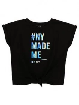 Image of DKNY Girls Tie Front Slogan Short Sleeve T-Shirt - Black, White, Size Age: 8 Years, Women