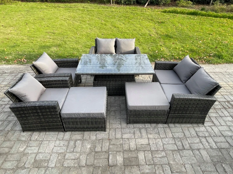 Image of Fimous 8 Seater Wicker Rattan Garden Furniture Rising Table Set with 2 Big Footstool Double Seat Sofa Armchairs Dark Grey Mixed Dark Grey Unisex