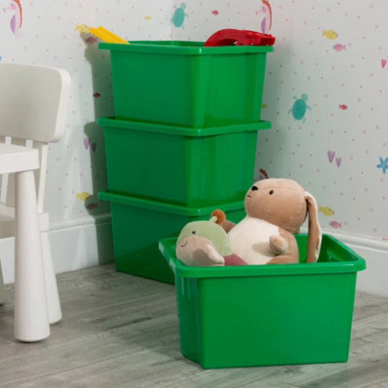 Image of Wham Stack & Store 4X 30L Plastic Storage Boxes. Ideal For Toys, Classrooms & Playrooms. Integrated Handles. Green