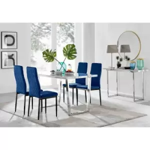Image of Furniture Box Kylo White Marble Effect Dining Table and 4 Navy Velvet Milan Black Leg Chairs