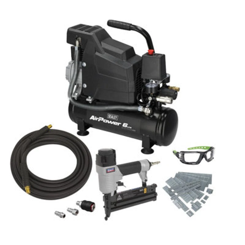 Image of Sealey SAC0620AKIT Air Compressor 6 Litre and Nail Gun Kit SAC0620AKIT Voltage: 240v